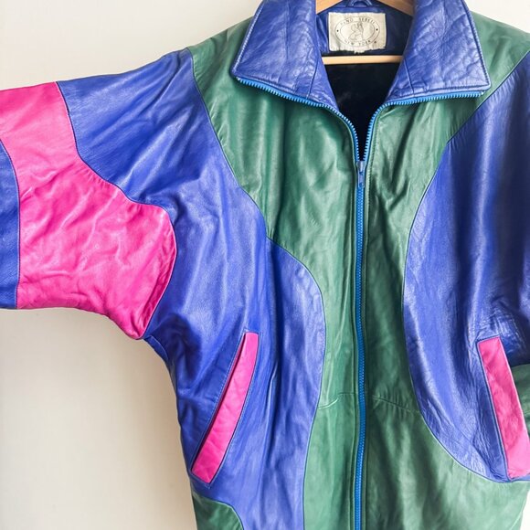 Pano Sereti Multicolor Green Blue Pink Bomber Jacket w Sheared Rabbit Liner S - Picture 2 of 8